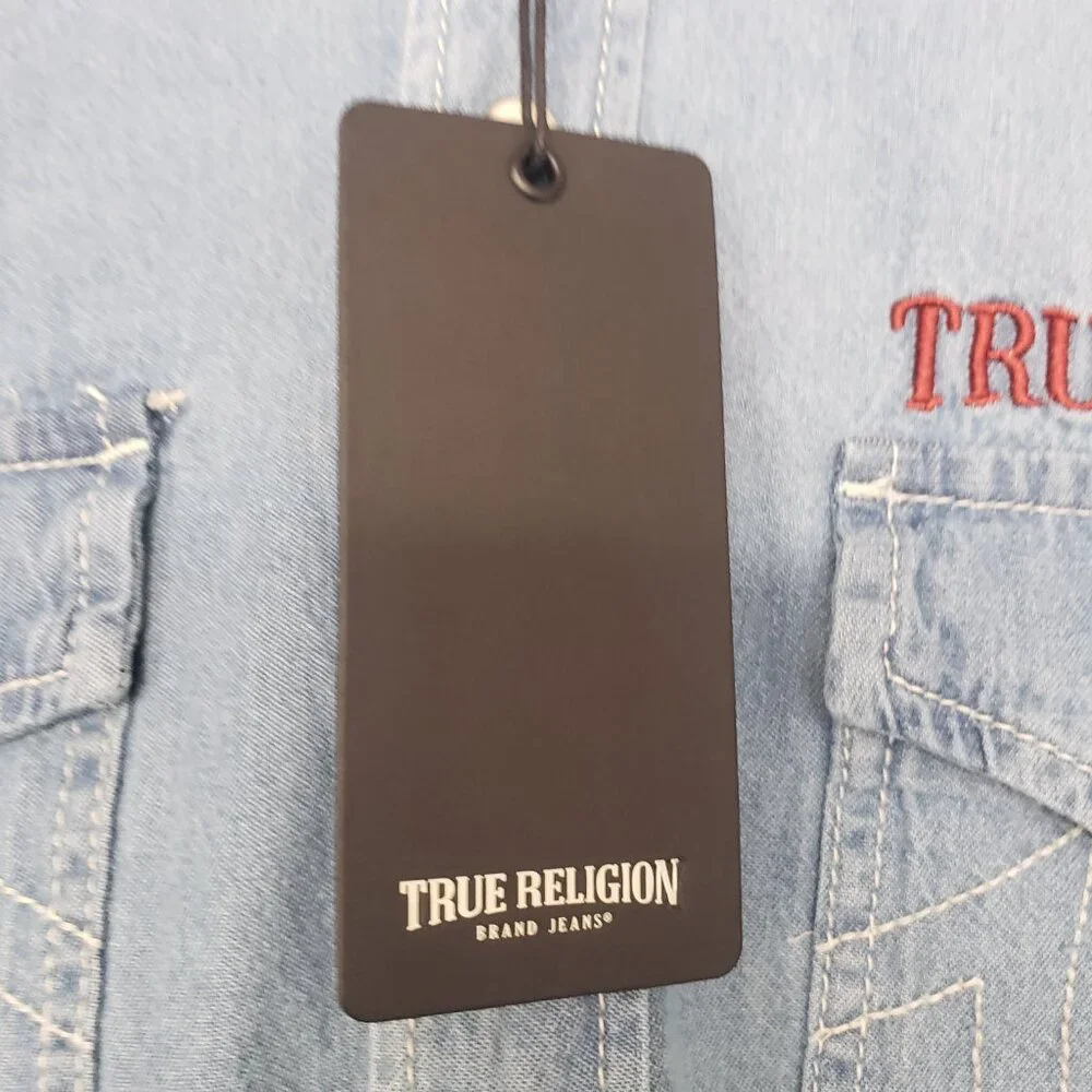 True Religion Men's Chambray Denim Western Pearl Snap Long Sleeve Shirt Sz L NWT